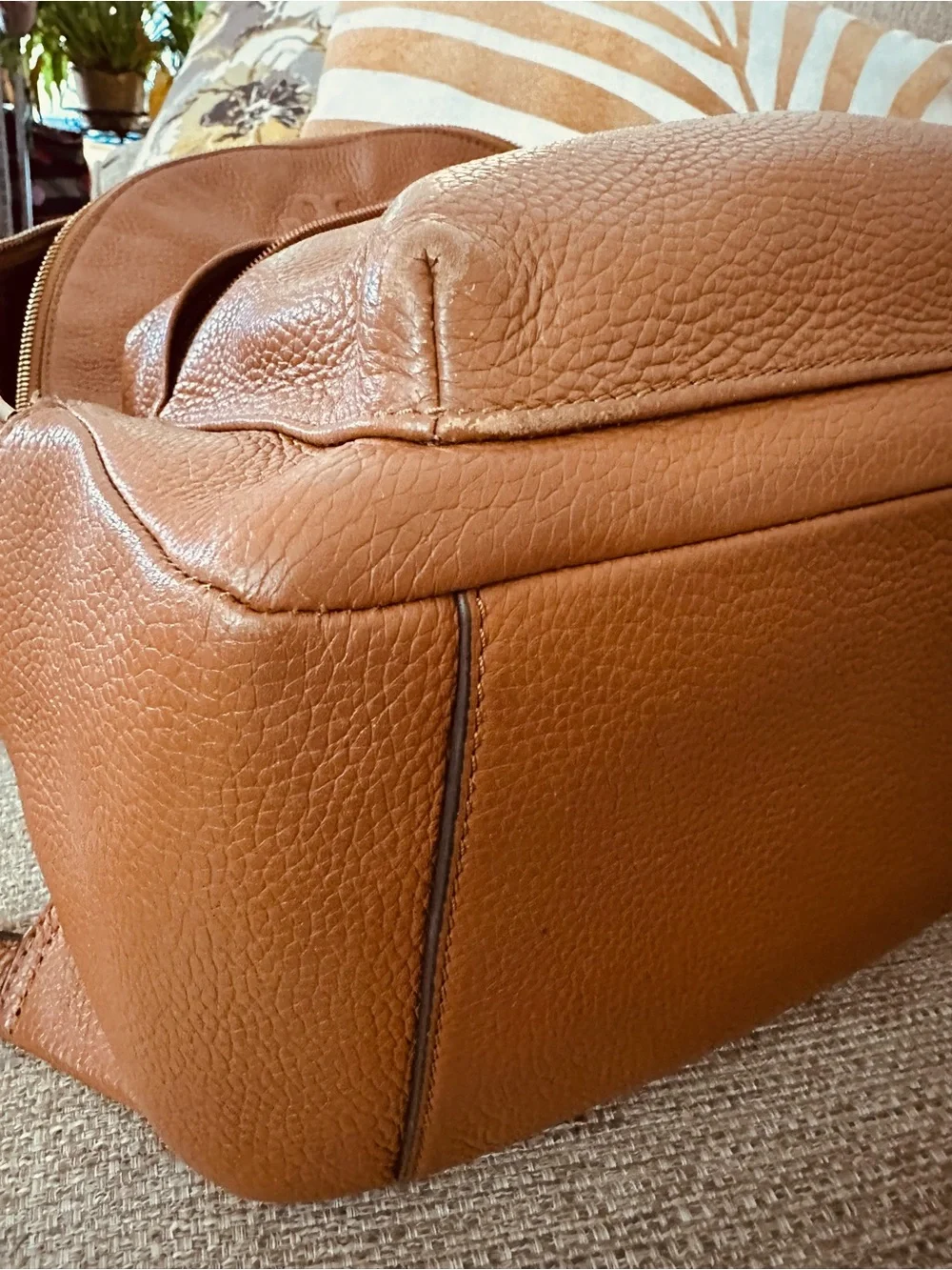Tory Burch Theo Pebbled Leather Backpack Cognac Brown Large Travel Laptop Bag